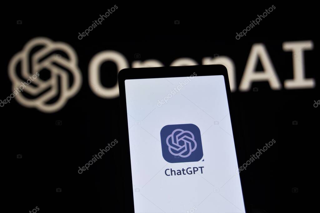 Dhaka, Bangladesh - 27 May 2023: ChatGPT on mobile phone and OpenAI on background.