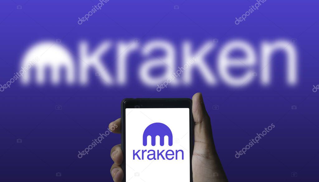 Dhaka, Bangladesh - 27 January 2024 : Kraken logo on smartphone. Kraken is a United States based cryptocurrency exchange platform.