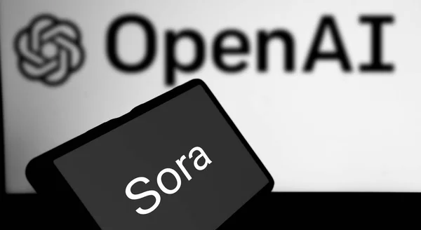 stock image Dhaka, Bangladesh- 17 February 2024: OpenAI Sora AI logo displayed on smartphone.