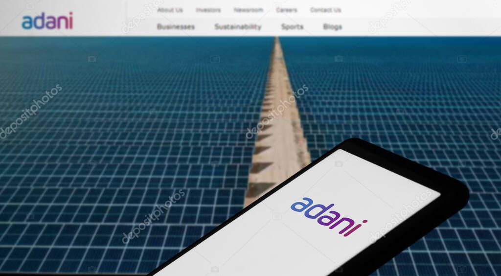 Dhaka, Bangladesh- 26 February 2024: Adani Group logo displayed on smartphone.