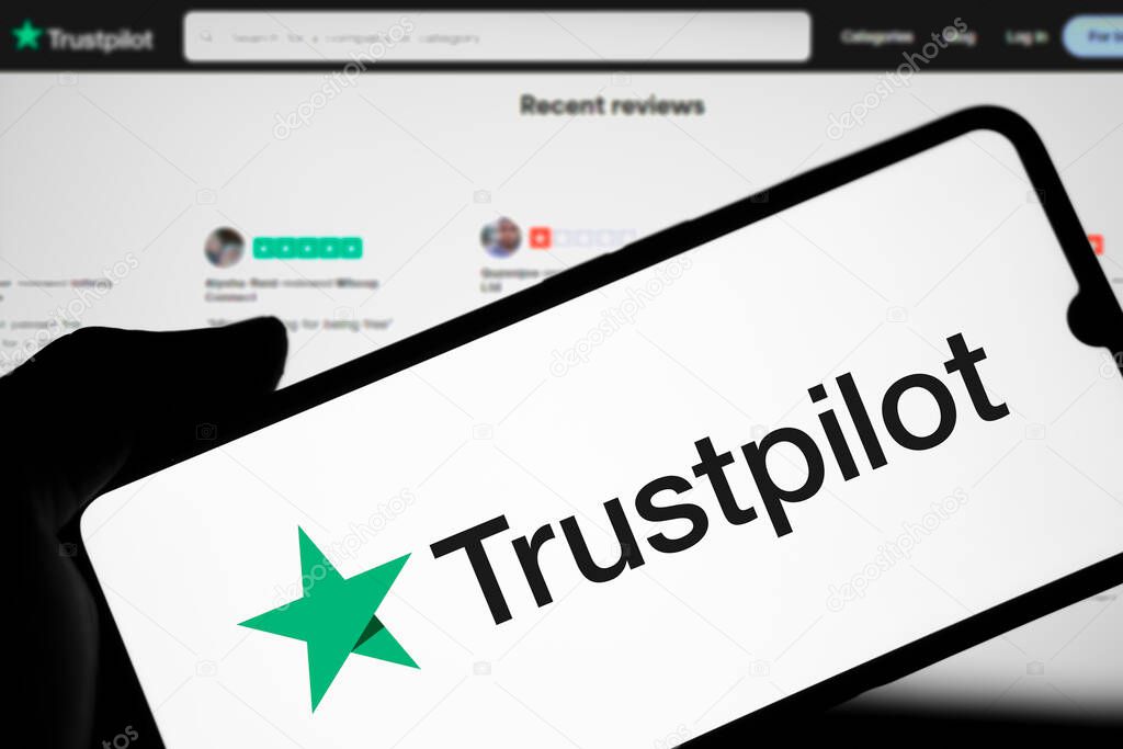 Dhaka, Bangladesh- 19 March 2024: Trustpilot logo is displayed on smartphone.