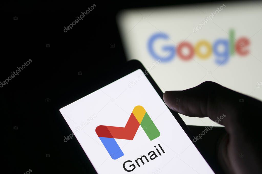 Dhaka, Bangladesh- 06 May 2024: Google Gmail logo is displayed on smartphone.