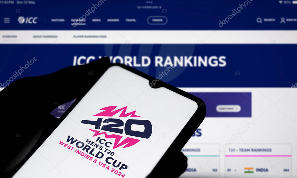 Dhaka, Bangladesh- 14 May 2024: ICC Men's T20 World Cup logo is displayed on smartphone.