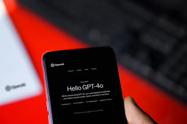 stock image Dhaka, bangladesh- 16 May 2024: OpenAI GPT-4o logo is displayed on smartphone.