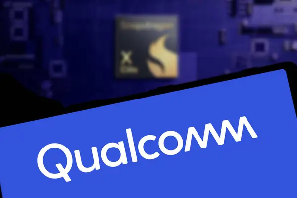 Stock image Dhaka, BD- 27 May 2024: Qualcomm logo is displayed on smartphone.