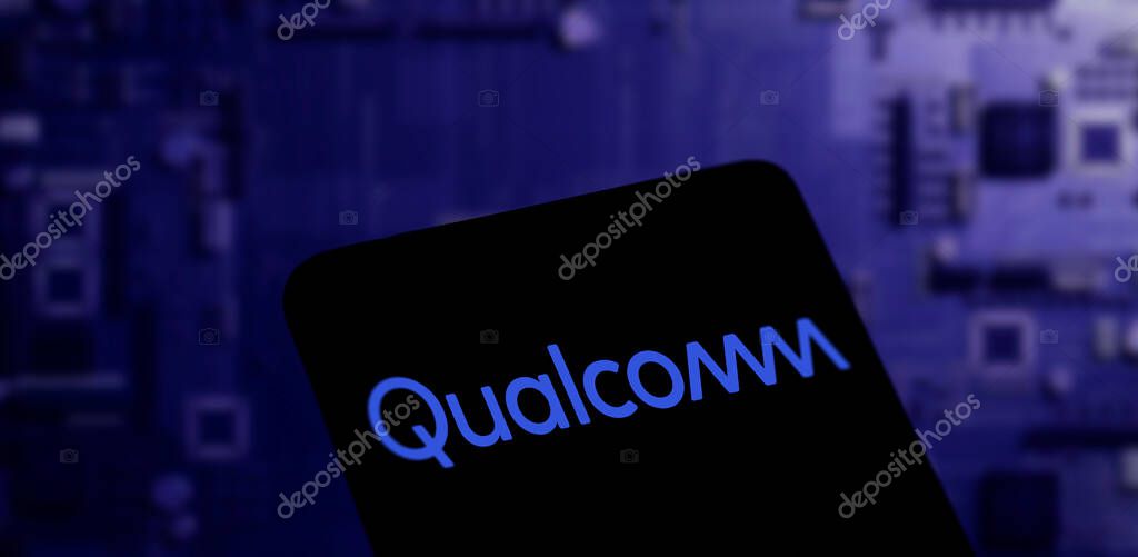 Dhaka, BD- 27 May 2024: Qualcomm logo is displayed on smartphone.