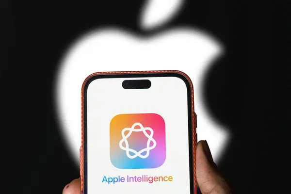 stock image Dhaka, Bangladesh- 11 June 2024: Apple intelligence (AI) logo is displayed on iPhone.