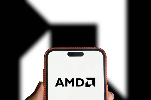 stock image Dhaka, Bangladesh- 22 June 2024: AMD logo is displayed on smartphone. Advanced Micro Devices, Inc. is an American multinational corporation and semiconductor company.