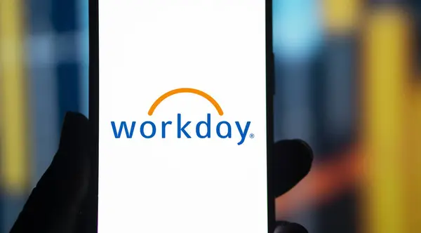 stock image Dhaka, Bangladesh- 06 Aug 2024: Workday logo is displayed on smartphone. Workday is a cloud-based software company offering financial, HR, and student management solutions.