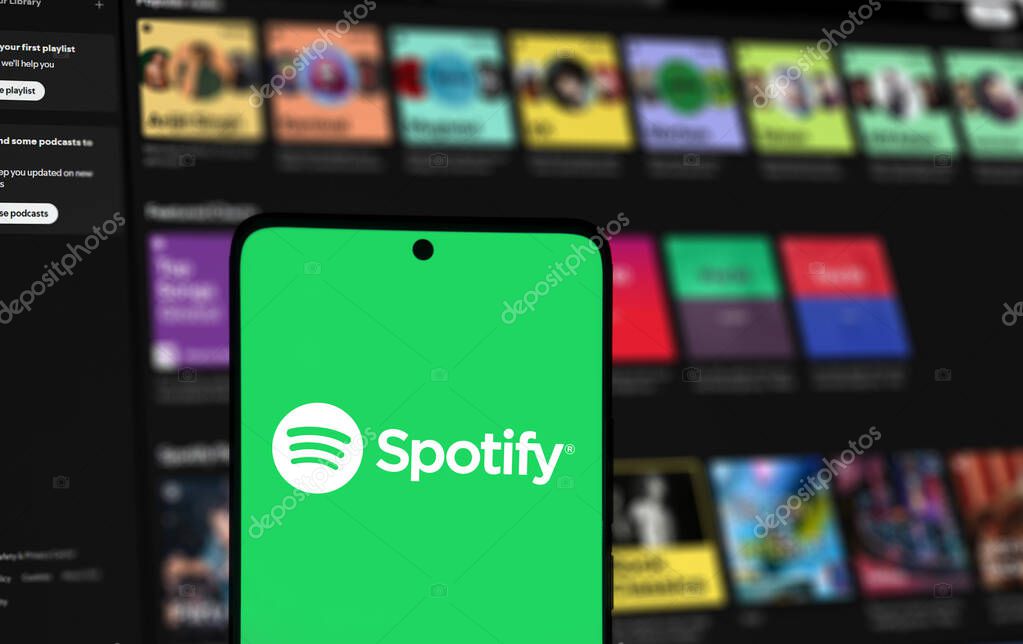 Dhaka, Bangladesh- 08 Sep 2024: Spotify logo is displayed on smartphone.