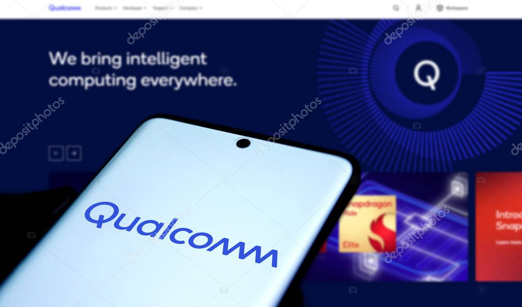 Dhaka, Bangladesh- 23 Oct 2024: Qualcomm logo is displayed on smartphone.