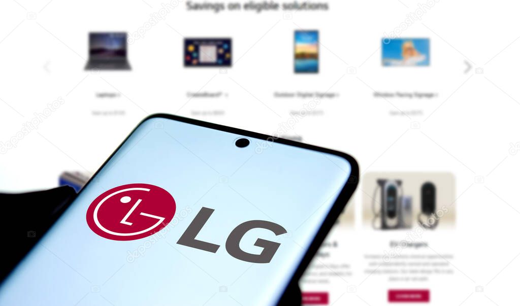 Dhaka, Bangladesh- 26 Oct 2024: LG logo is displayed on smartphone.