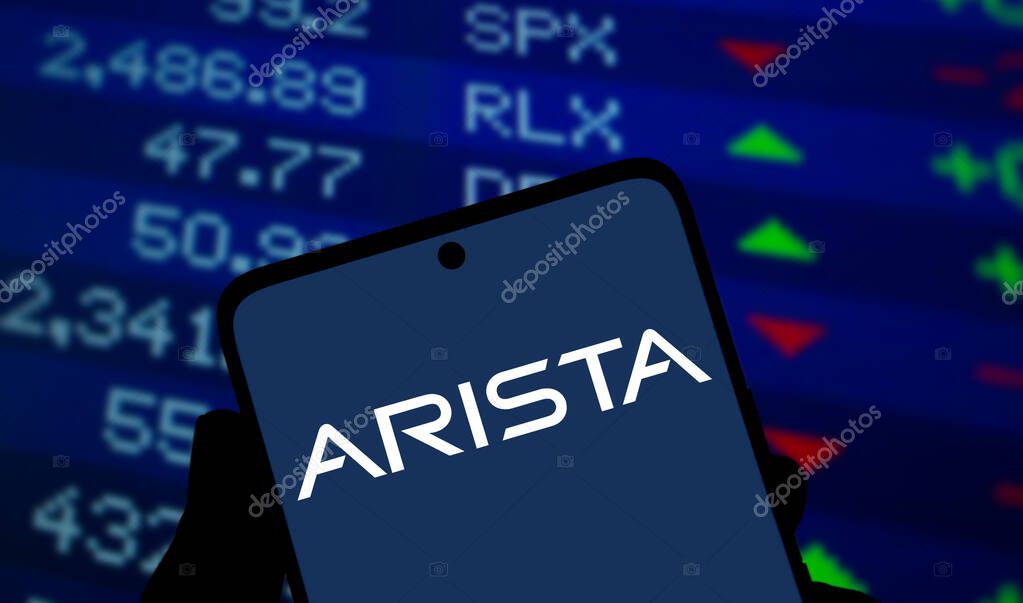 Dhaka, Bangladesh- 14 Nov 2024: Arista logo is displayed on smartphone. Arista Networks Inc is an computer networking company.