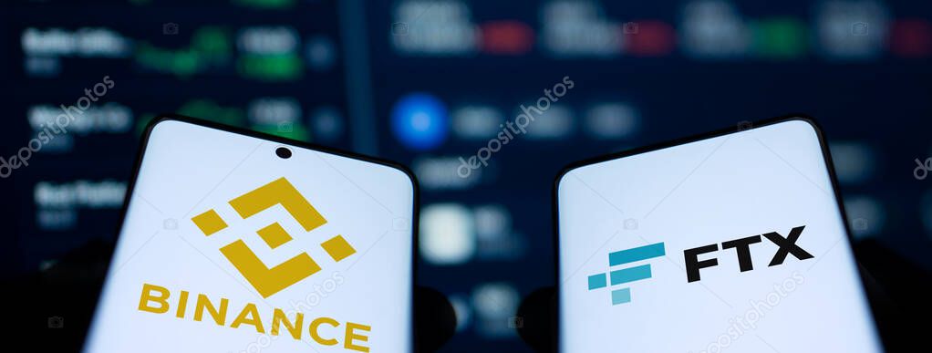 Dhaka, Bangladesh- 16 Nov 2024: Binance and FTX logo is displayed on smartphone.