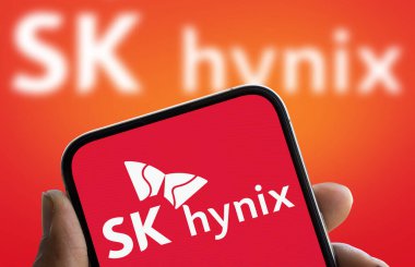 Dhaka, Bangladesh- 10 Dec 2024: SK hynix logo is displayed on smartphone. SK Hynix Inc is a South Korean semiconductor company. clipart