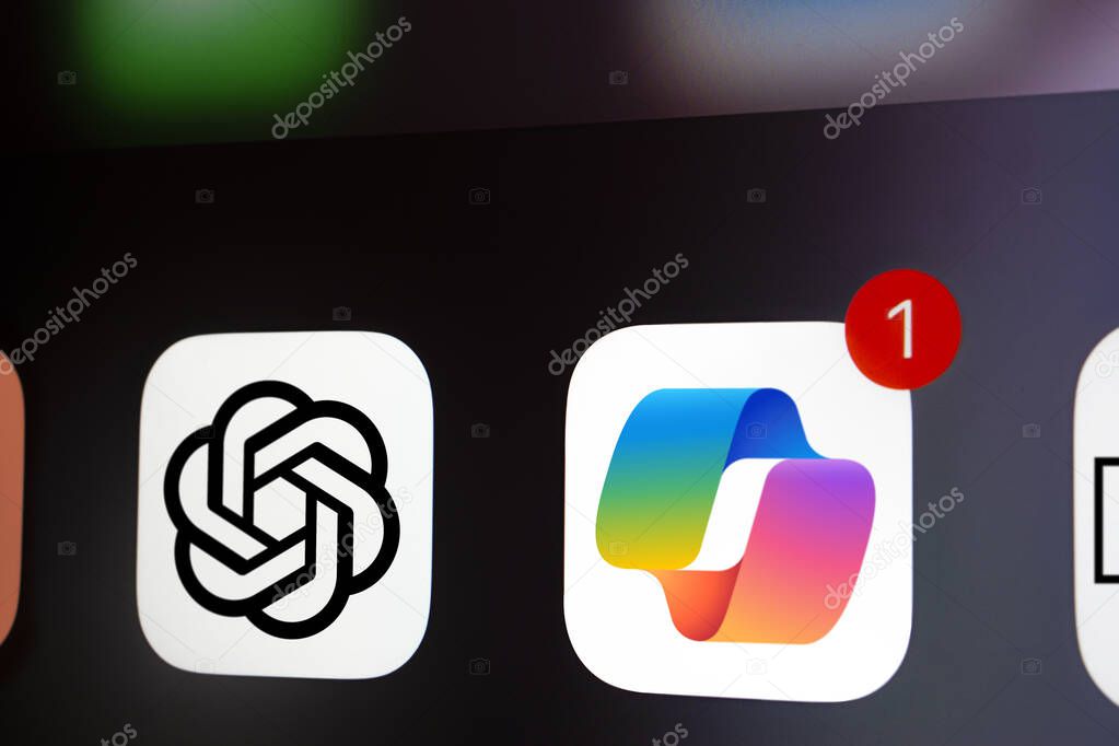 Dhaka, Bangladesh- 01 Jan 2025: A close up of an iPhone screen displaying the Chatgpt and Microsoft copilot app icon.