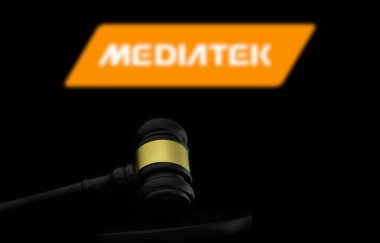 Dhaka, Bangladesh- 11 Jan 2024: Court gavel in front of the MediaTek logo. MediaTek Inc is a Taiwanese semiconductor company. clipart