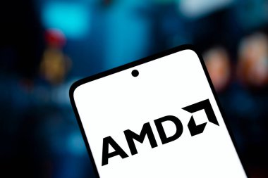 Dhaka, Bangladesh- 12 Jan 2025: AMD logo is displayed on smartphone. Advanced Micro Devices Inc (AMD) is an American multinational corporation and technology company. clipart