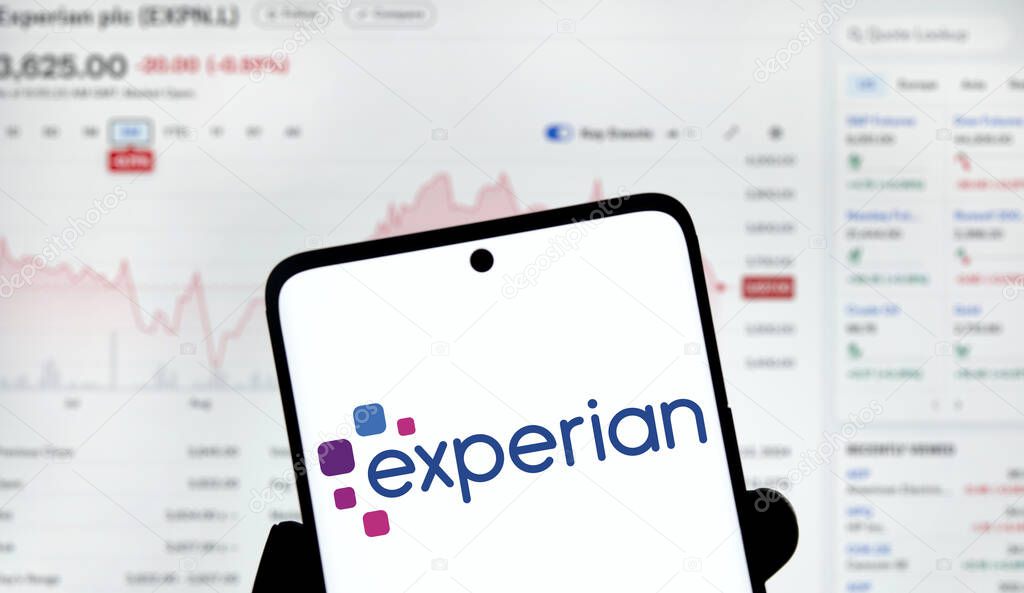Dhaka, Bangladesh- 11 Dec 2024: experian logo is displayed on smartphone. Experian plc is a multinational data analytics and consumer credit reporting company.