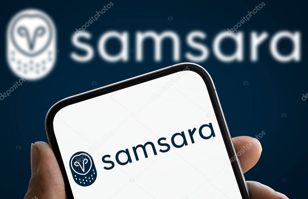Dhaka, Bangladesh- 15 Dec 2024: samsara logo is displayed on smartphone. Samsara Inc. is an American IoT company.