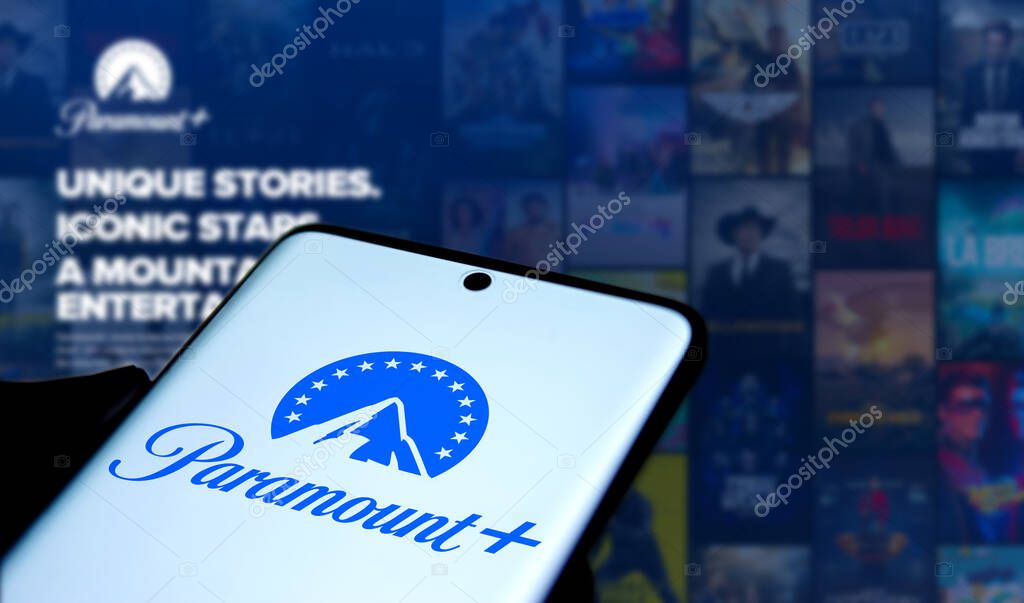 Dhaka, Bangladesh- 18 Jan 2025: paramount logo is displayed on smartphone. Paramount+ is an American subscription video on-demand company.