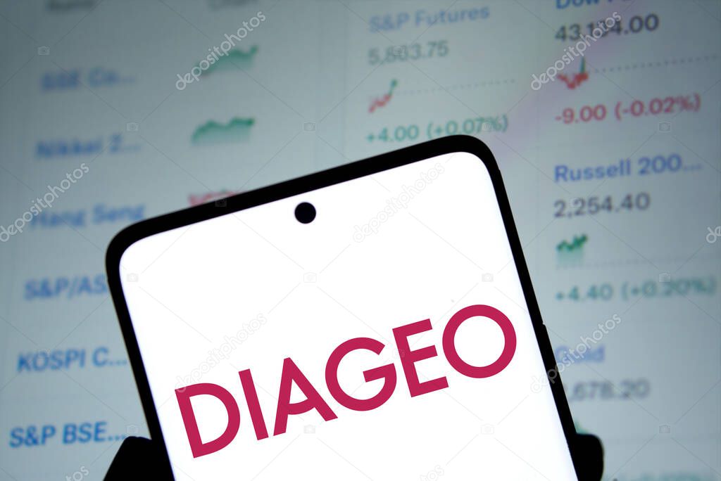 Dhaka, Bangladesh- 30 Nov 2024: Diageo logo is displayed on smartphone.Diageo plc is a British multinational alcoholic beverage company.