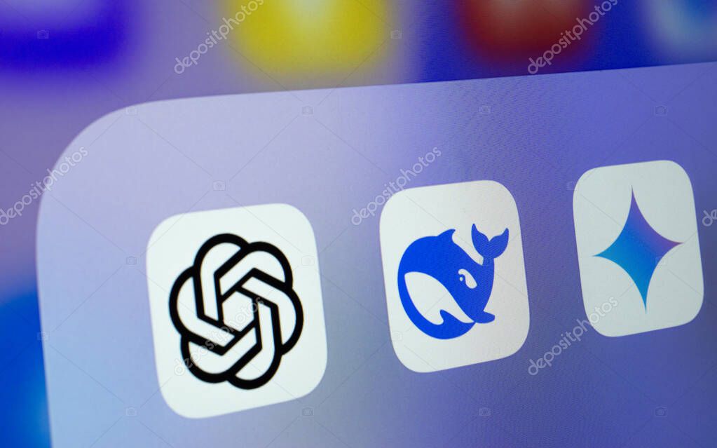 Dhaka, Bangladesh- 26 Feb 2025: A close up of an iPad screen displaying the Deepseek, ChatGPT and Google Gemini app icon.