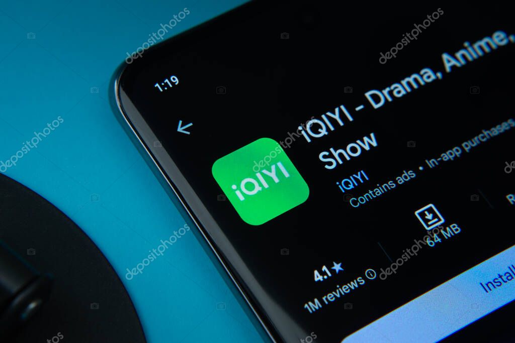 Dhaka, Bangladesh- 17 March 2025: The iqiyi app from Google Playstore is displayed on a smartphone screen.