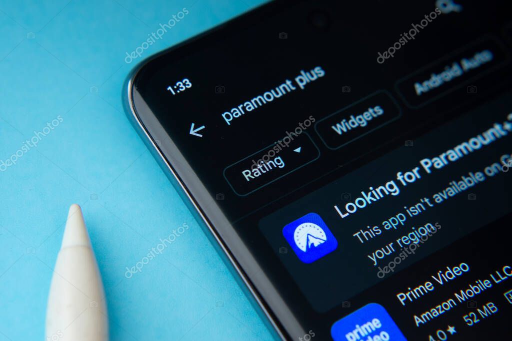 Dhaka, Bangladesh- 17 March 2025: The paramount+ app from Google Playstore is displayed on a smartphone screen.