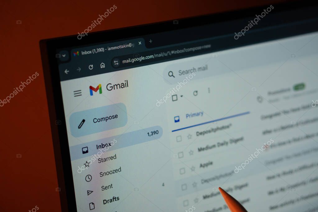 Dhaka, Bangladesh- 05 May 2025: A close-up view of Gmail is shown on a computer screen.