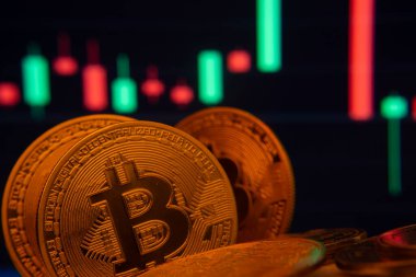 Piyasa eğilimlerini ve ticaret faaliyetlerini gösteren bir mali tabloya sahip Bitcoin sikkeleri.