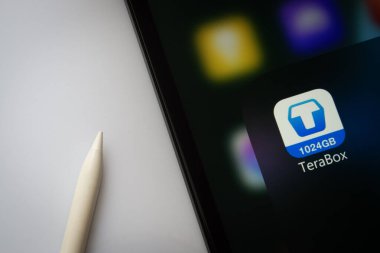 Dhaka, Bangladeş - 18 Mart 2025: Terabox uygulamasını gösteren bir iPad ekranına yakın plan.