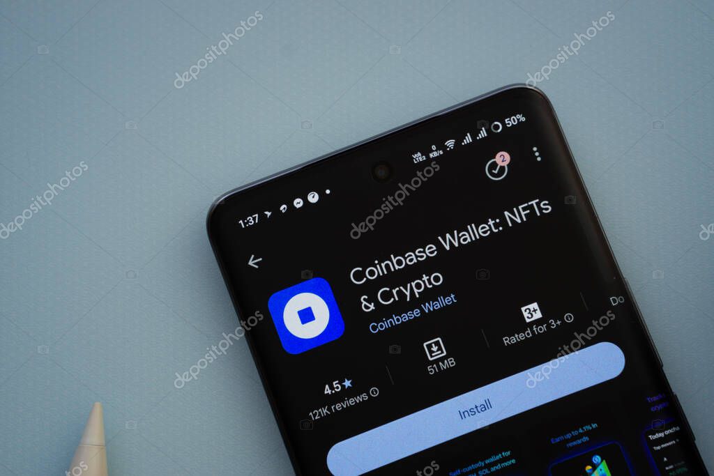 Dhaka, Bangladesh- 29 May 2025: On a blue surface, a smartphone displays the Coinbase app within the Google Play Store.