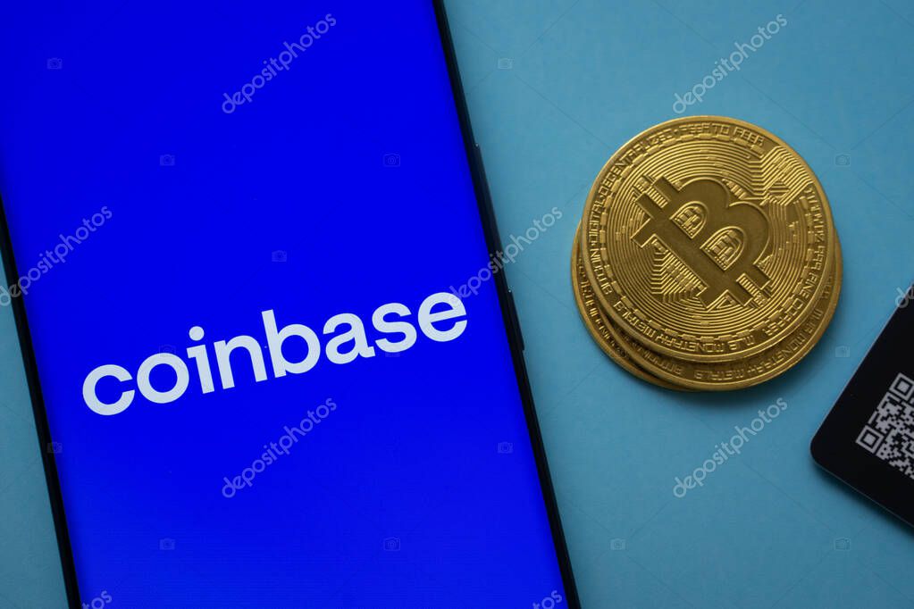 Dhaka, Bangladesh- 16 June 2025: Coinbase logo on smartphone screen near Bitcoin coin and QR code on blue background.
