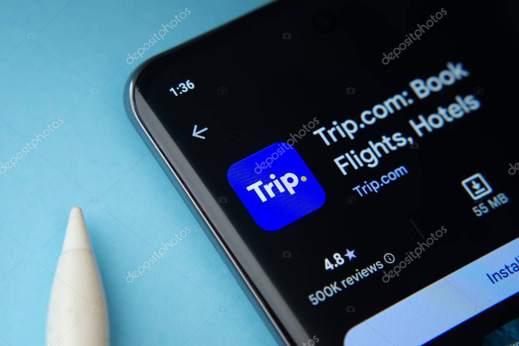 Dhaka, Bangladesh- 18 March 2025: The trip.com app from Google Playstore is displayed on a smartphone screen.