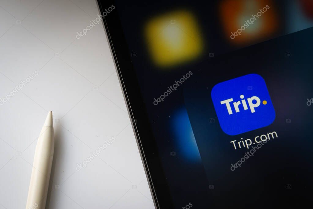 Dhaka, Bangladesh- 18 March 2025: A close up of an iPad screen displaying the trip.com app.