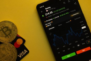Dhaka, Bangladeş - 30 Haziran 2025: Bitcoin, Visa ve Mastercard 'lı bir ticaret uygulamasında canlı sarı arka planda Boeing hisse senedi verilerini gösteren akıllı telefon.