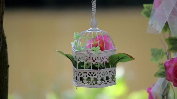 Gaiola Pássaros Com Flores Balanço Flores Comitiva Casamento Decorativo — Vídeo de Stock