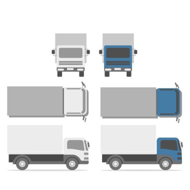 Kamyon illüstrasyonu, yan, ön, kuş bakışı