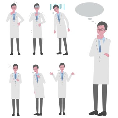 Illustration set of a man (doctor or researcher) wearing a white coat (thinking, impatient, depressed, worried, relieved, giving up)