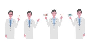 Vector illustration of a man (doctor or researcher) wearing a white coat (to guide/with a correct/incorrect answer sign)