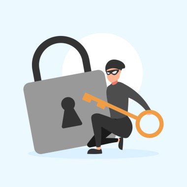 Şirin düz çizim karikatürü. Hırsız bilgisayar korsanı web etiket simgesi maskotu logosu için veri parası çalıyor.
