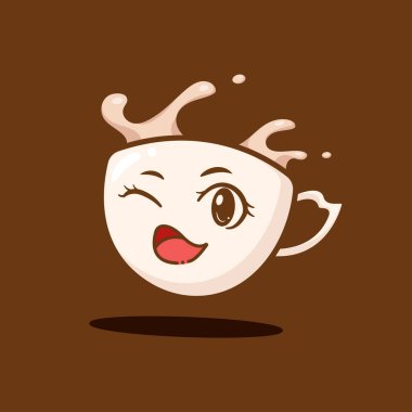 Çıkartma ikonu maskotu ve logo simgesi için şirin, sevimli çizgi film mutlu kahve fincanı çizimi