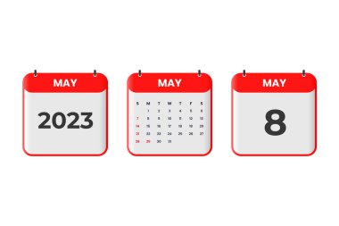 Mayıs 2023 takvim tasarımı. 8 Mayıs 2023 takvim simgesi zaman, randevu, önemli tarih kavramı