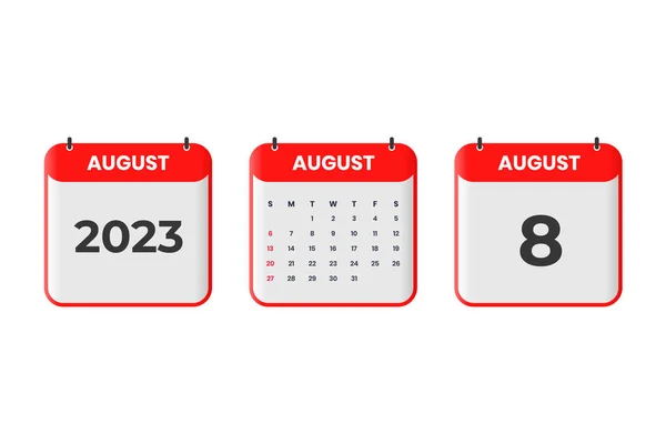 Ağustos 2023 takvim tasarımı. Zamanlama, randevu ve önemli tarih kavramı için 8 Ağustos 2023 takvim simgesi
