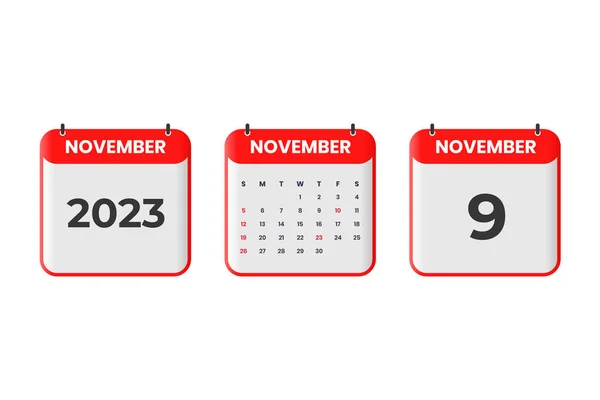 November 2023 Calendar Design 9Th November 2023 Calendar Icon Schedule — Stock Vector