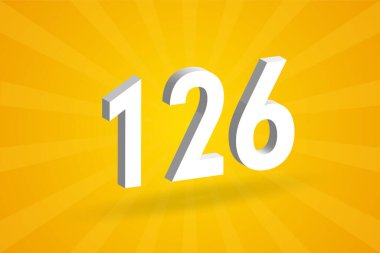 3D 126 numara yazı tipi alfabesi. Beyaz 3D numara 126, sarı arka plan.