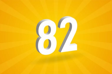 3D 82 numara yazı tipi alfabesi. Beyaz 3 boyutlu 82 numara, sarı arkaplan.