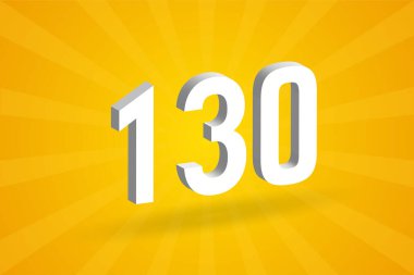 3D 130 numara yazı tipi alfabesi. Beyaz 3D numara 130, sarı arkaplan.