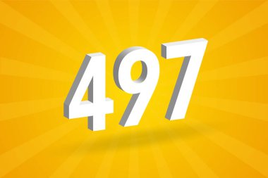 3D 497 numara yazı tipi alfabesi. Beyaz 3D numara 497, sarı arka plan.